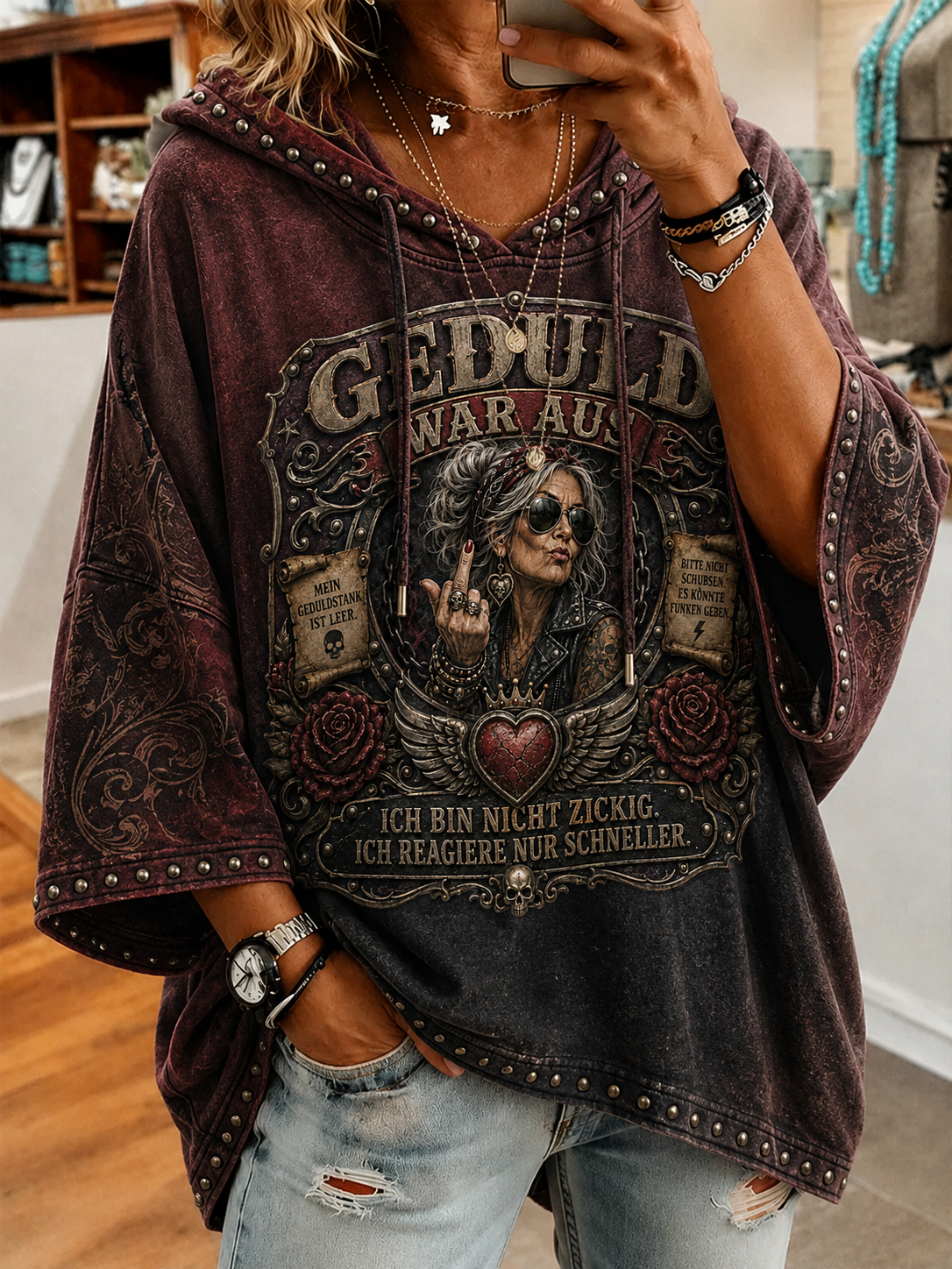 Frauen-Hoodie mit humorvollem Spruch und kurzen Ärmeln