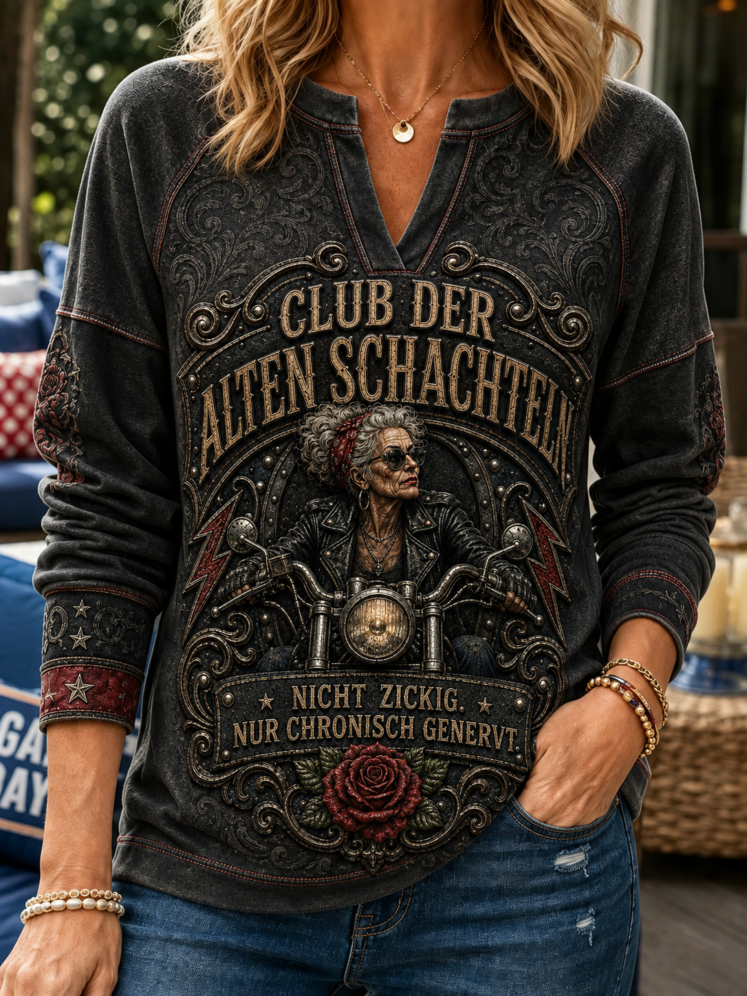 Frauen-Sweatshirt mit humorvollem Spruch, lässig, V-Ausschnitt