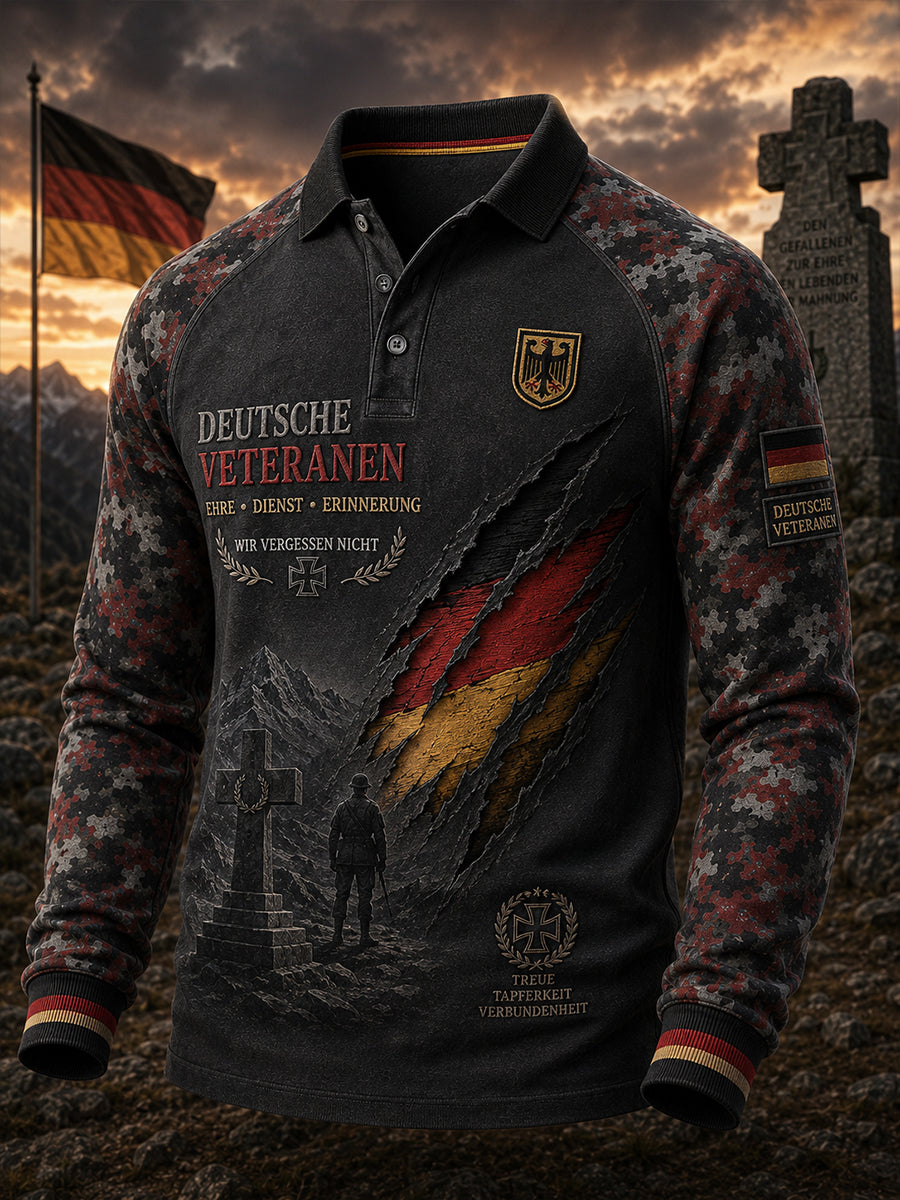 Herren-Vintage-Camouflage-Raglan-Poloshirt mit langen Ärmeln und Gedenkdruck für Veteranen
