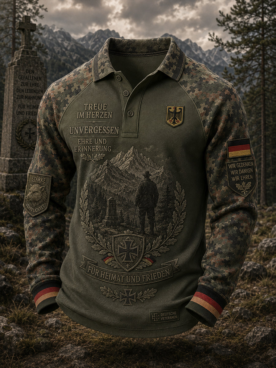 Herren-Vintage-Camouflage-Raglan-Poloshirt mit langen Ärmeln und Gedenkdruck für Veteranen