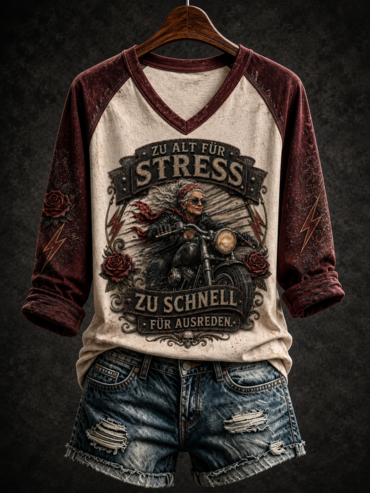 Frauen-T-Shirt mit humorvollem Spruch, langärmlig und mit abgesenkten Schultern