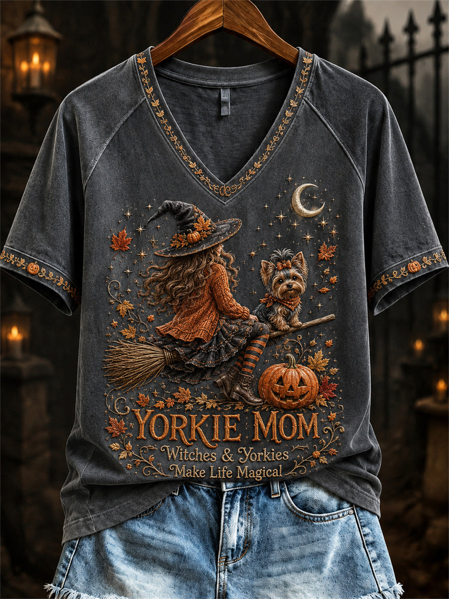 Frauen Halloween Herbst Yorkie Mom Hexe & Hund Print Kurzarm T-Shirt