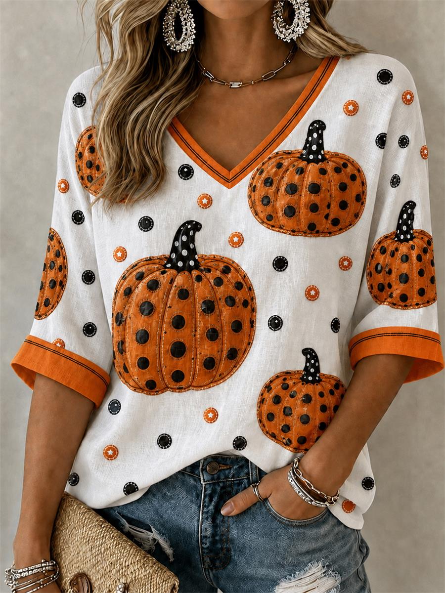 Frauen Halloween Kürbis Mittellänge Ärmel V-Ausschnitt T-Shirt