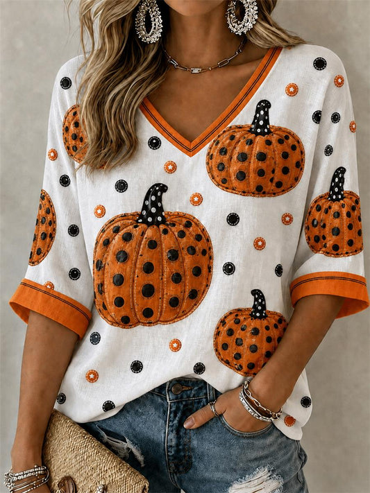 Frauen Halloween Kürbis Mittellänge Ärmel V-Ausschnitt T-Shirt