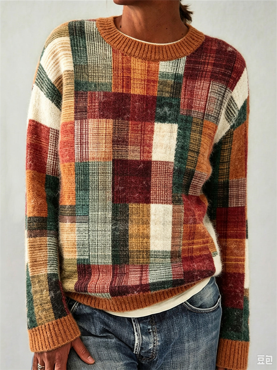 Damen-Herbst-Farb blockierung Design Lässiger Rundhals-Pullover mit langem Ärmel