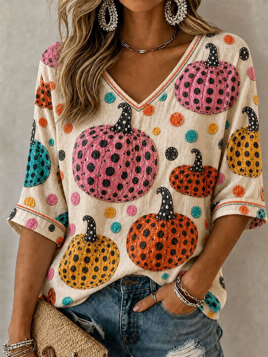 Damen-Halloween-Kürbis-Mid-Länge-T-Shirt mit V-Ausschnitt und langen Ärmeln
