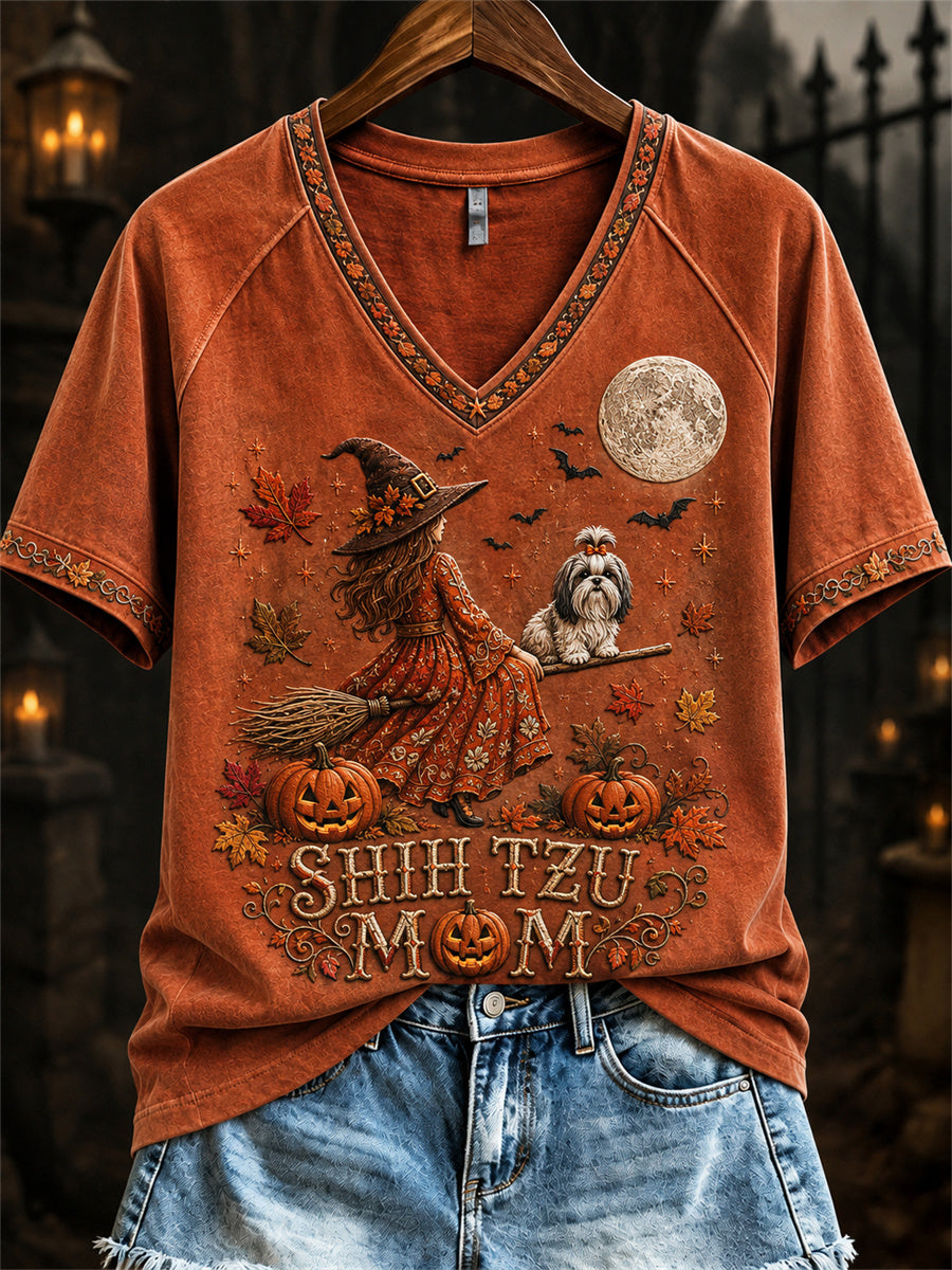 Damen-Halloween-Herbst-T-Shirt mit Shih-Tzu-Mama-Hexe- und Hundemotiv, kurzärmelig