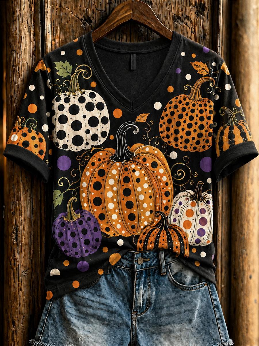 Damen-Halloween-Kürbis-T-Shirt mit kurzen Ärmeln