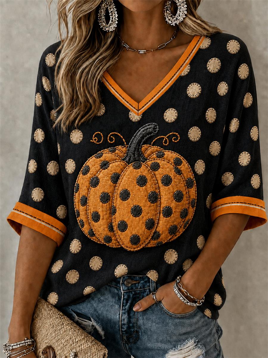 Damen-Halloween-Kürbis-Mid-Länge-T-Shirt mit V-Ausschnitt und langen Ärmeln