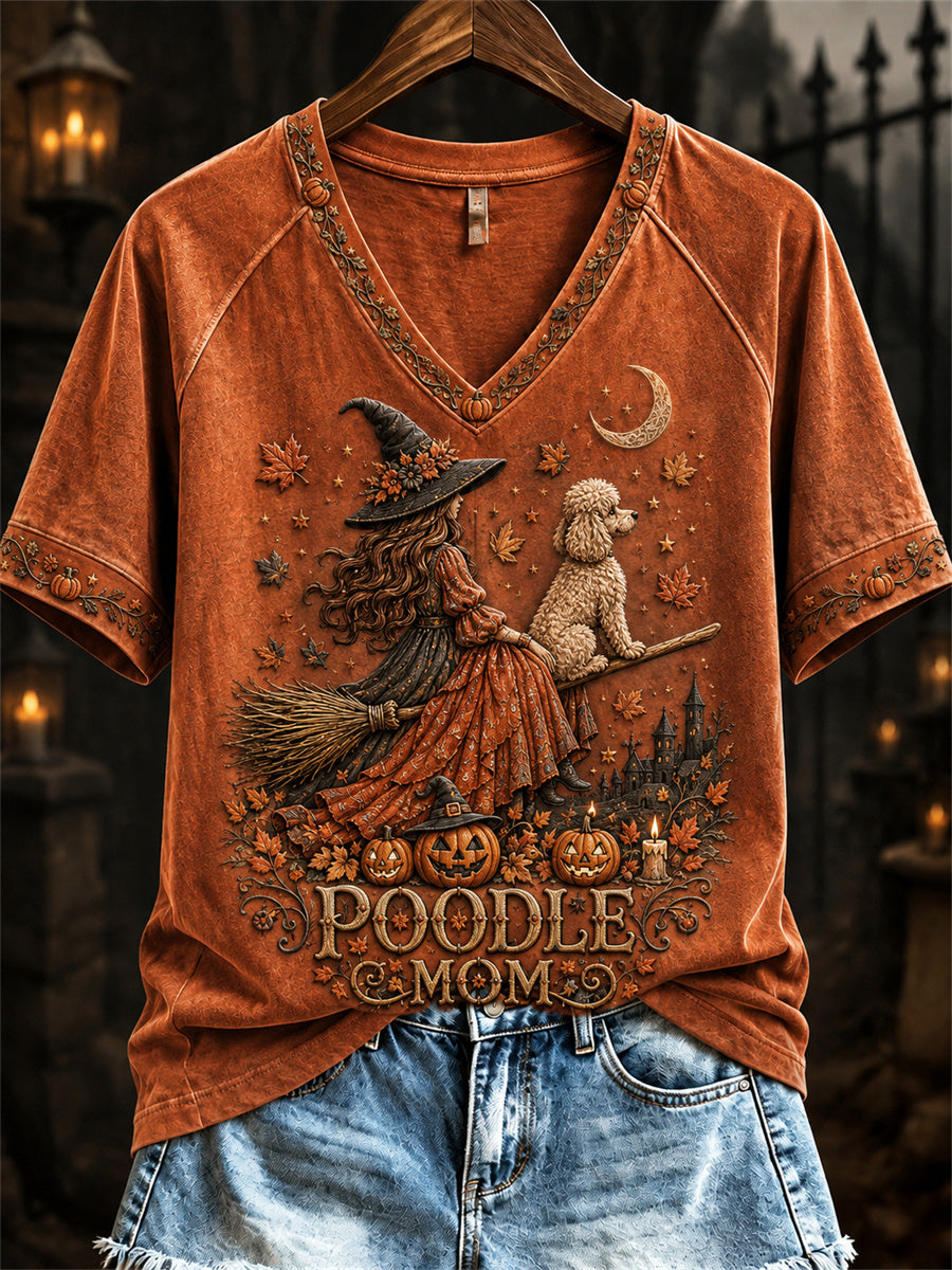 Damen-Halloween-Herbst-Pudel-Mama-Hexe & Hund-Print-Kurzarm-T-Shirt