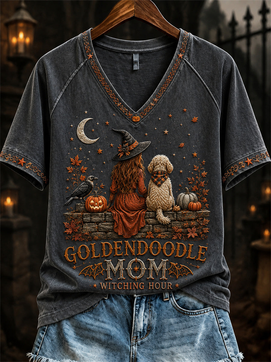 Damen Halloween Herbst Golden Doodle Mom Hexe & Hund Print kurz ärmel iges T-Shirt