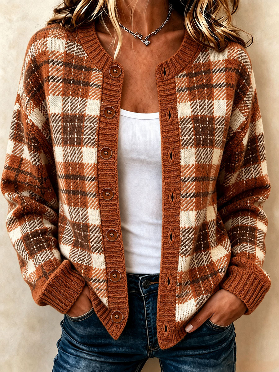 Damen-Plaid-Kunstdruck-Lässiger Cardigan