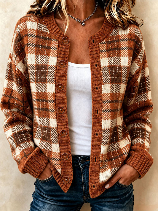 Damen-Plaid-Kunstdruck-Lässiger Cardigan