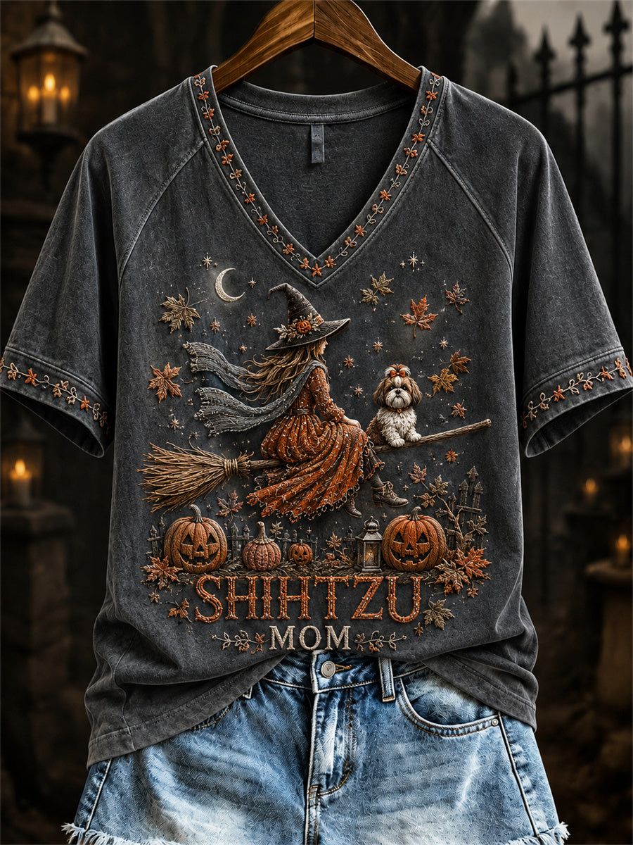 Damen Halloween Herbst Shih Tzu Mom Hexe & Hund Print Kurzarm T-Shirt