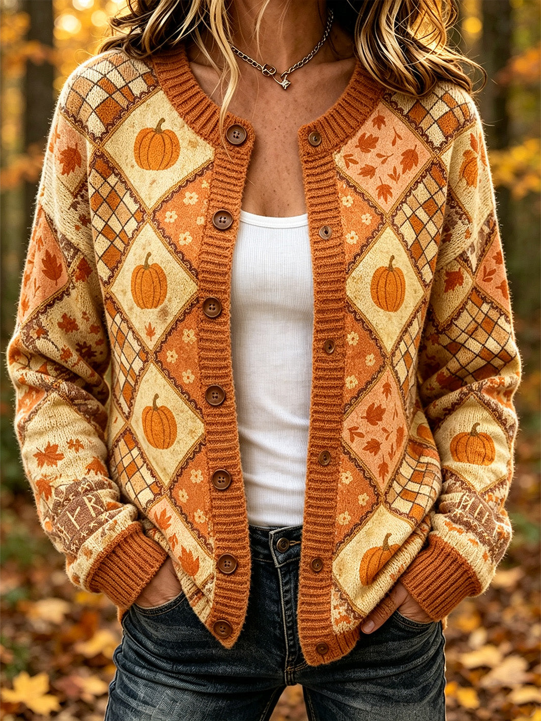 Frauen Herbst Kürbis und Ahornblatt Muster Kausale Strickjacke Stil Strickjacke