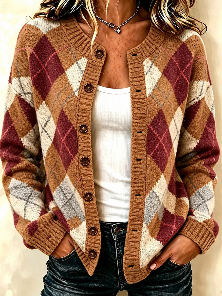 Damen-Herbst-Strickjacke mit Kunstprint, lässig