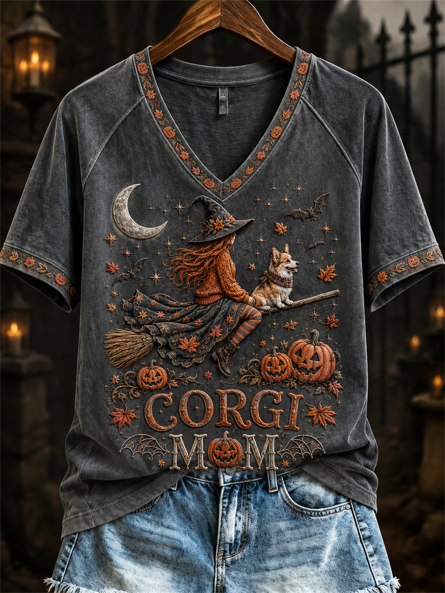 Damen Halloween Herbst Corgi Mom Hexe & Hund Print kurz ärmel iges T-Shirt