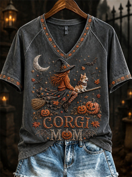 Damen Halloween Herbst Corgi Mom Hexe & Hund Print kurz ärmel iges T-Shirt