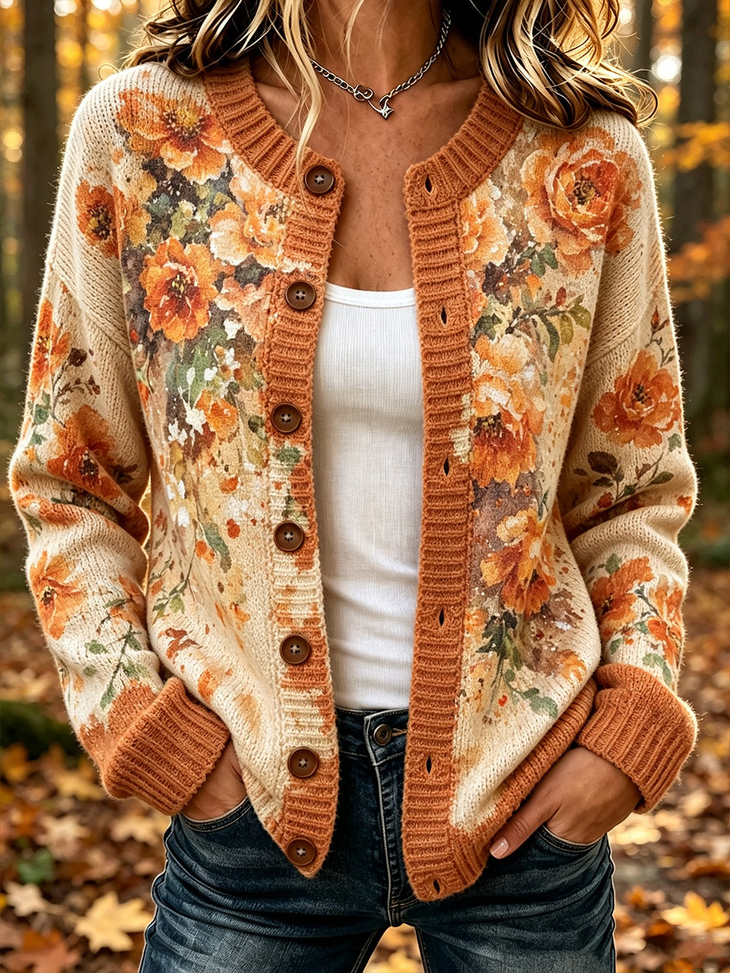 Damen-Strickjacke im lässigen Stil mit farblich abgestimmtem Herbstdesign