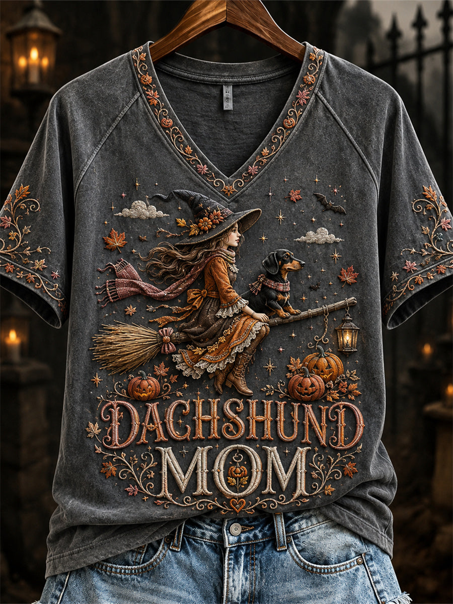 Damen-Halloween-Herbst-Dackel Mama Hexe & Hund Print kurz ärmel iges T-Shirt