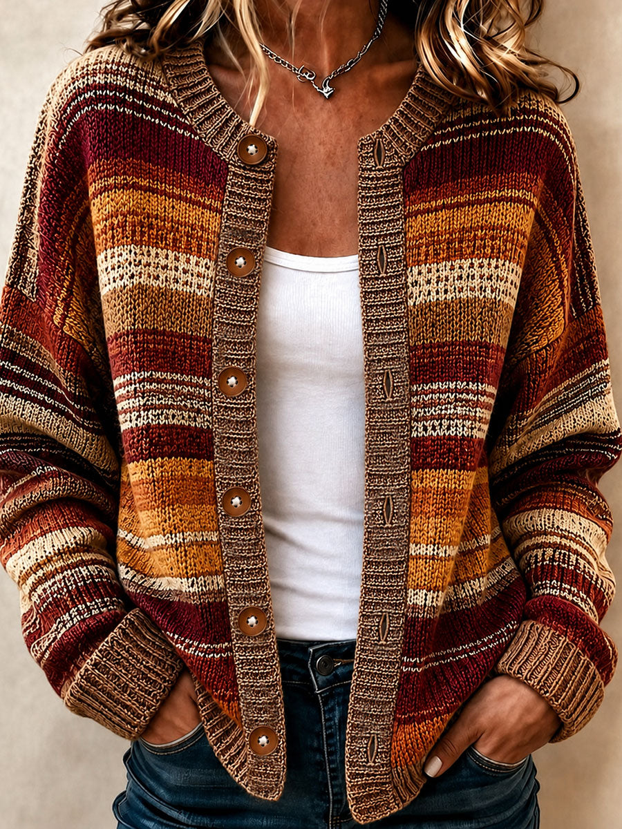Damen-Strickcardigan mit gestreiftem Kunstdruck, lässig