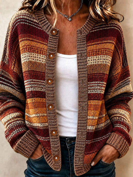 Damen-Strickcardigan mit gestreiftem Kunstdruck, lässig