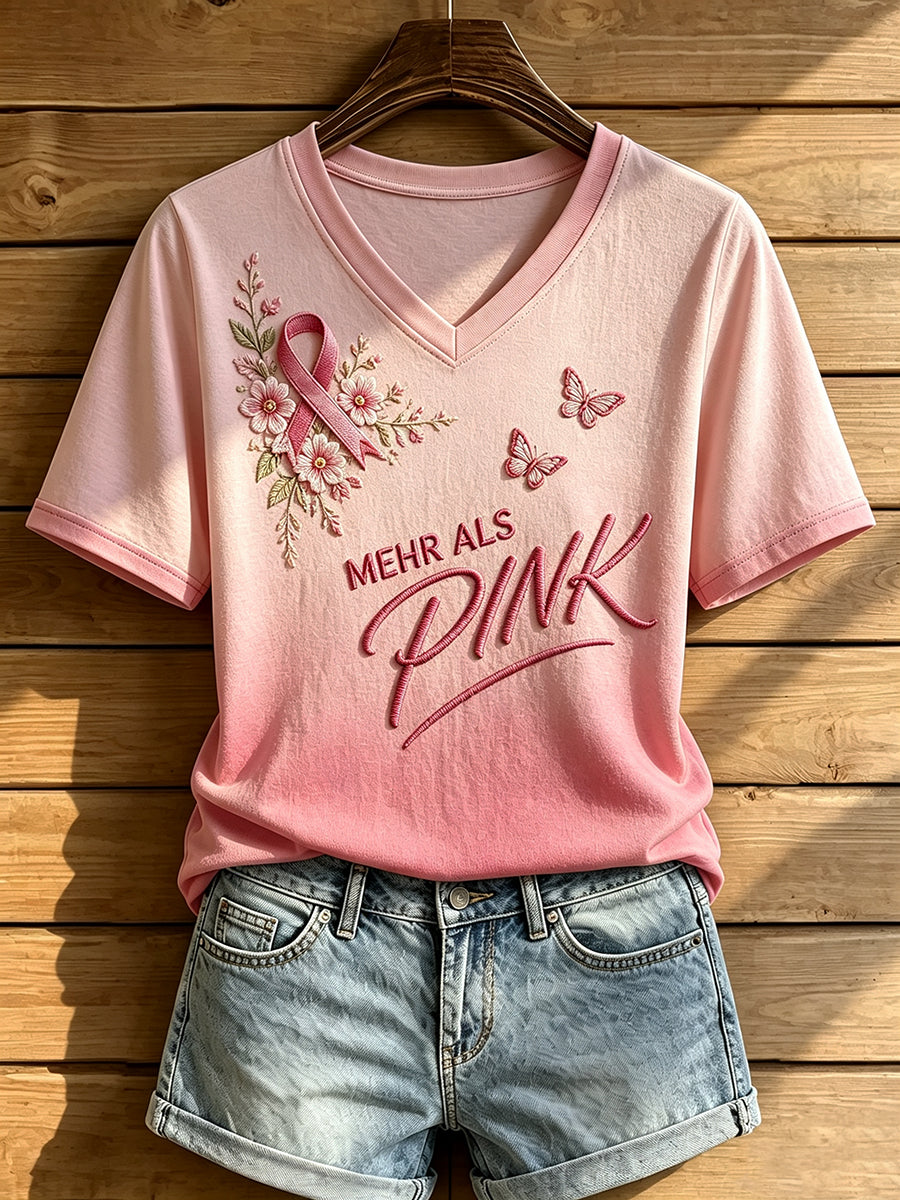 Damen-T-Shirt mit V-Ausschnitt und Aufdruck zur Brustkrebsaufklärung