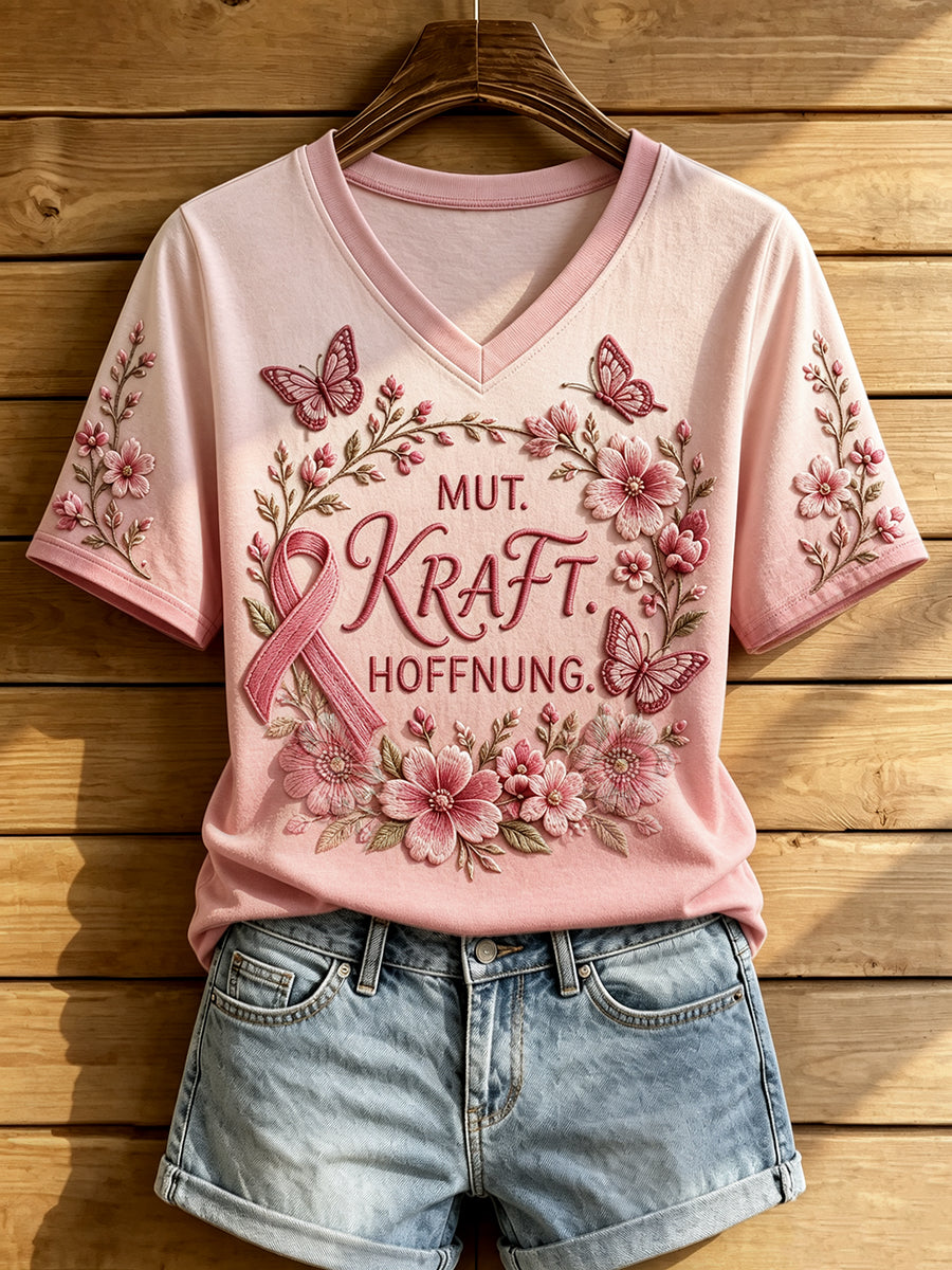 Damen-T-Shirt mit V-Ausschnitt und Aufdruck zur Brustkrebsaufklärung