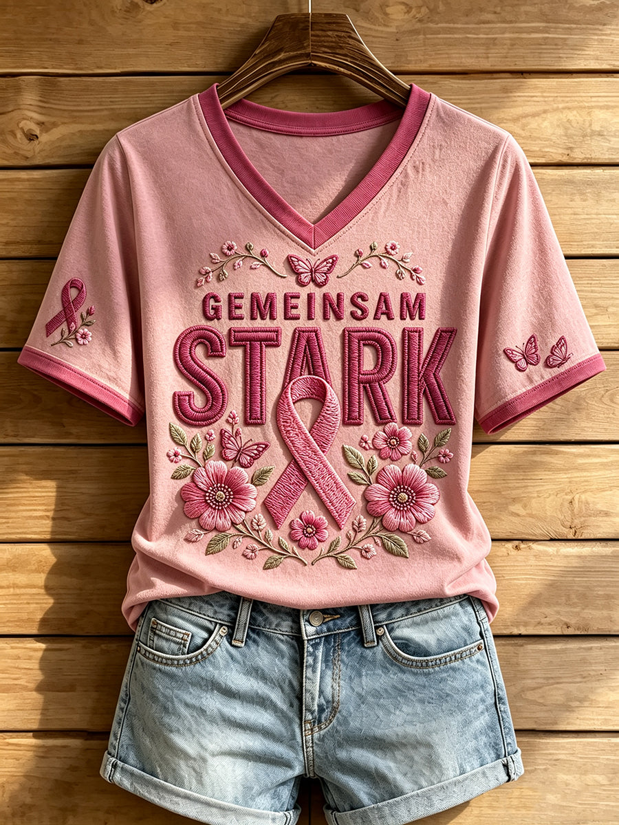 Damen-T-Shirt mit V-Ausschnitt und Aufdruck zur Brustkrebsaufklärung