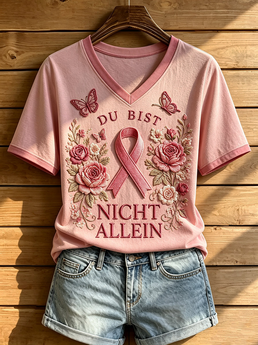 Damen-T-Shirt mit V-Ausschnitt und Aufdruck zur Brustkrebsaufklärung