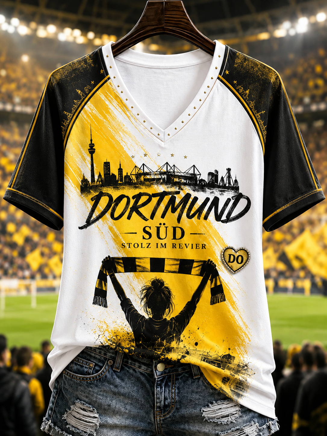Damen-T-Shirt mit V-Ausschnitt und schulterfreiem Design sowie kurzen Ärmeln in Dortmund
