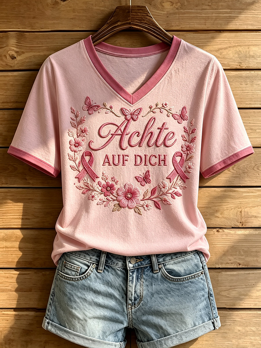 Damen-T-Shirt mit V-Ausschnitt und Aufdruck zur Brustkrebsaufklärung