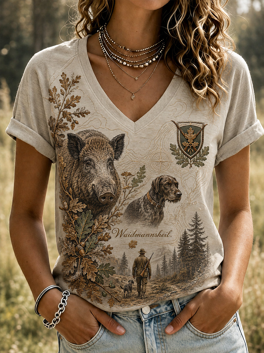 Damen-T-Shirt mit V-Ausschnitt und kurzen Ärmeln zur deutschen Jagdsaison