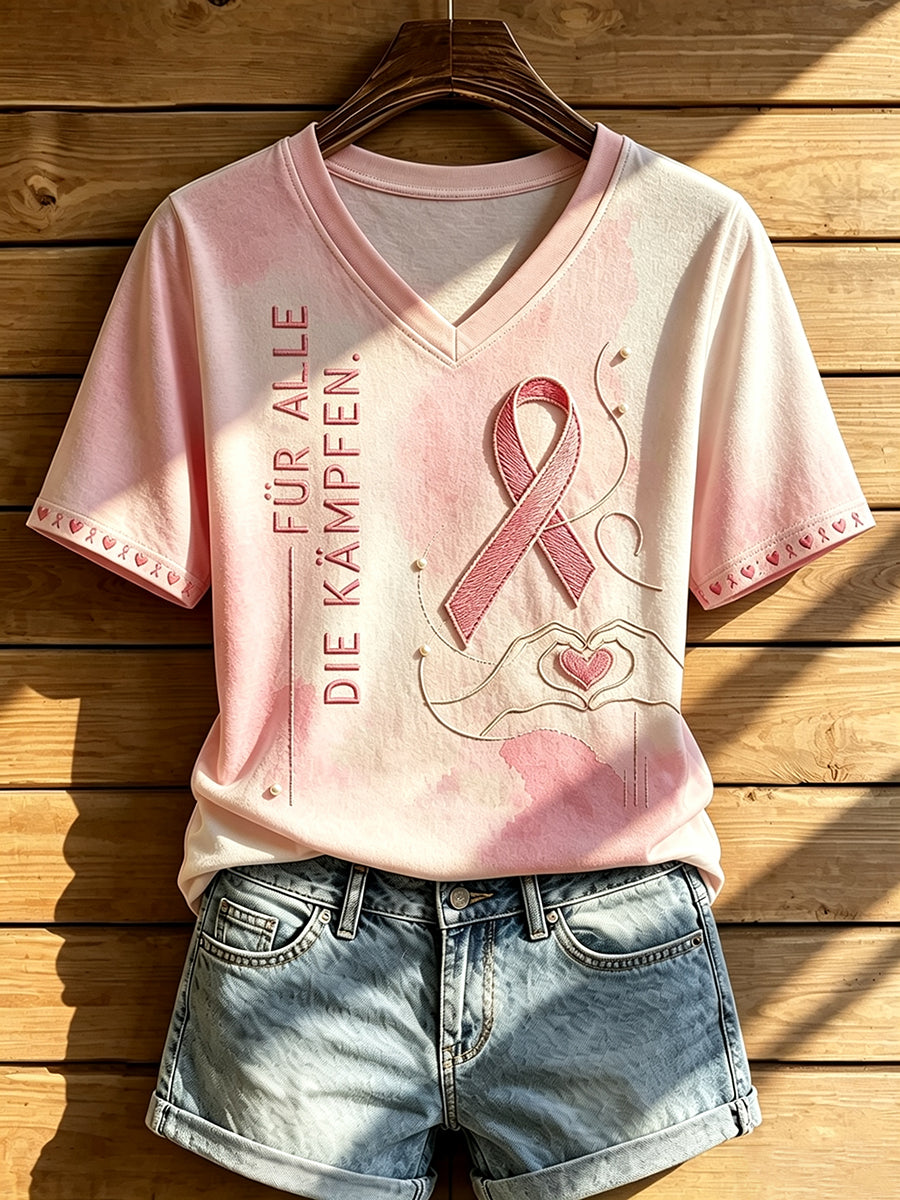 Damen-T-Shirt mit V-Ausschnitt und Aufdruck zur Brustkrebsaufklärung