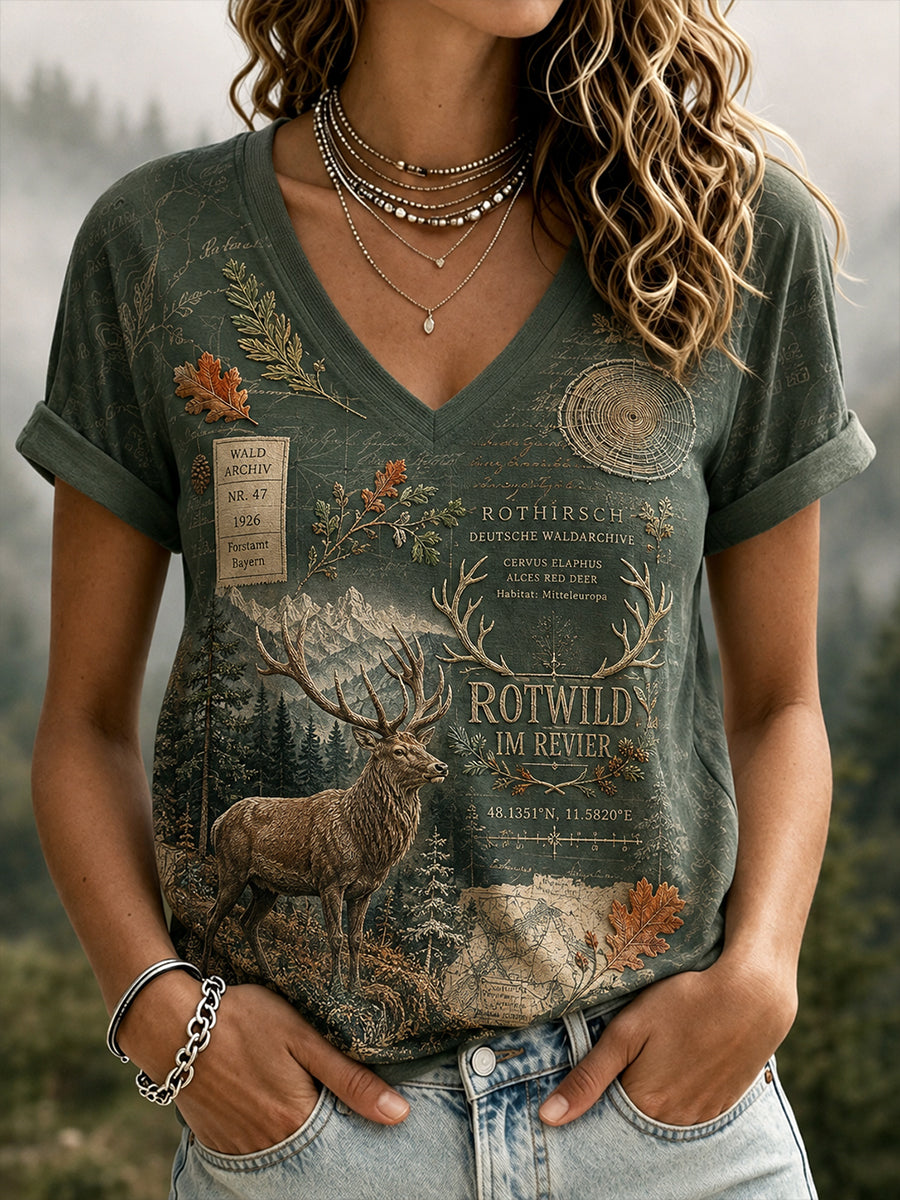 Damen-T-Shirt mit V-Ausschnitt und kurzen Ärmeln zur deutschen Jagdsaison
