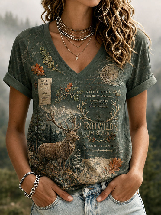 Damen-T-Shirt mit V-Ausschnitt und kurzen Ärmeln zur deutschen Jagdsaison
