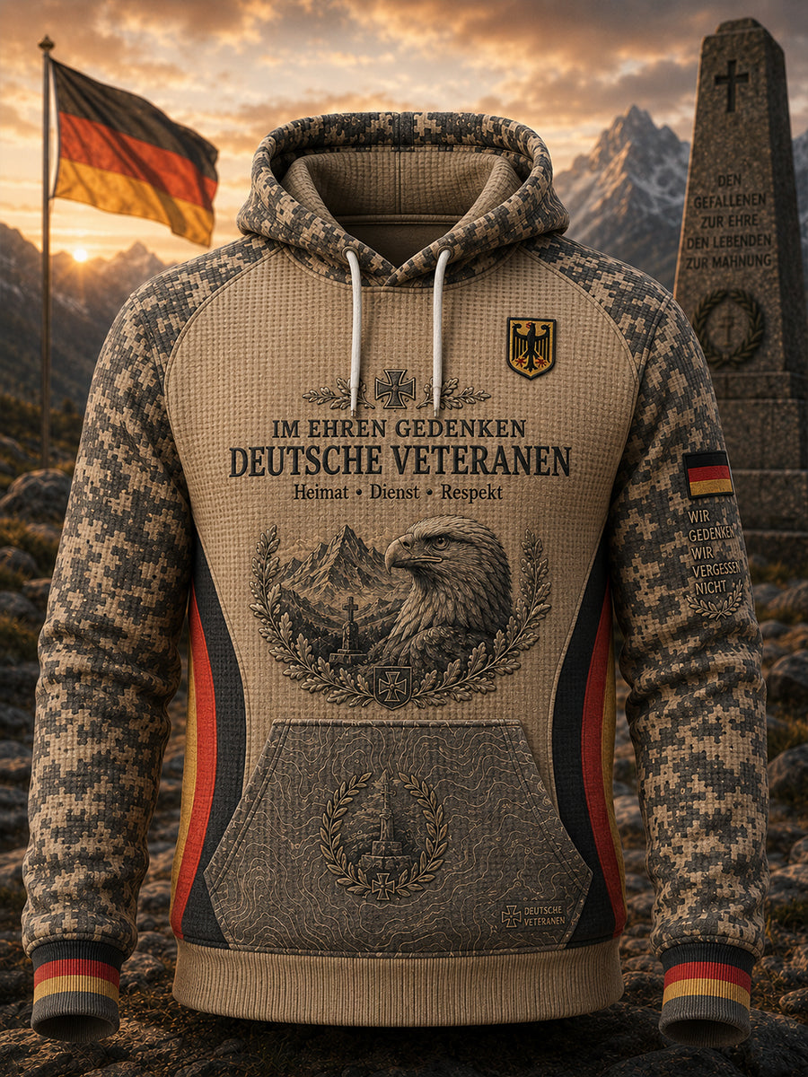 Herren-Kapuzenpullover aus Waffelstrick mit Camouflage-Print und langen Ärmeln – Veteranengedenken