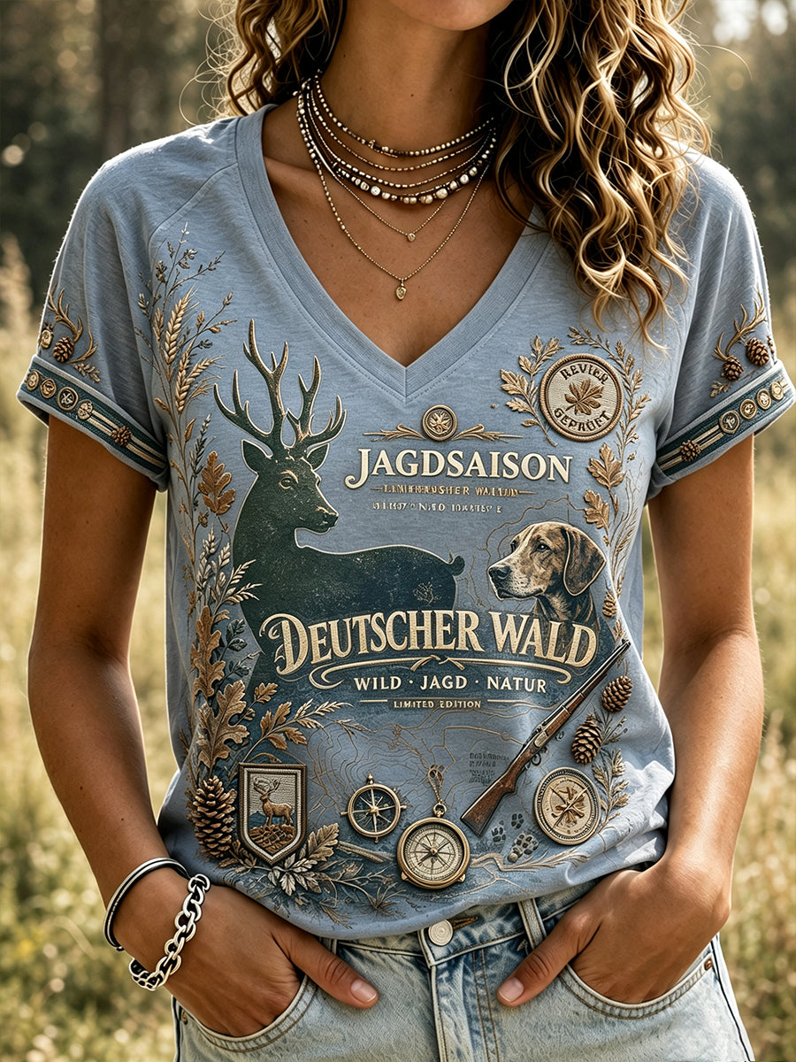 Damen-T-Shirt mit V-Ausschnitt und kurzen Ärmeln zur deutschen Jagdsaison