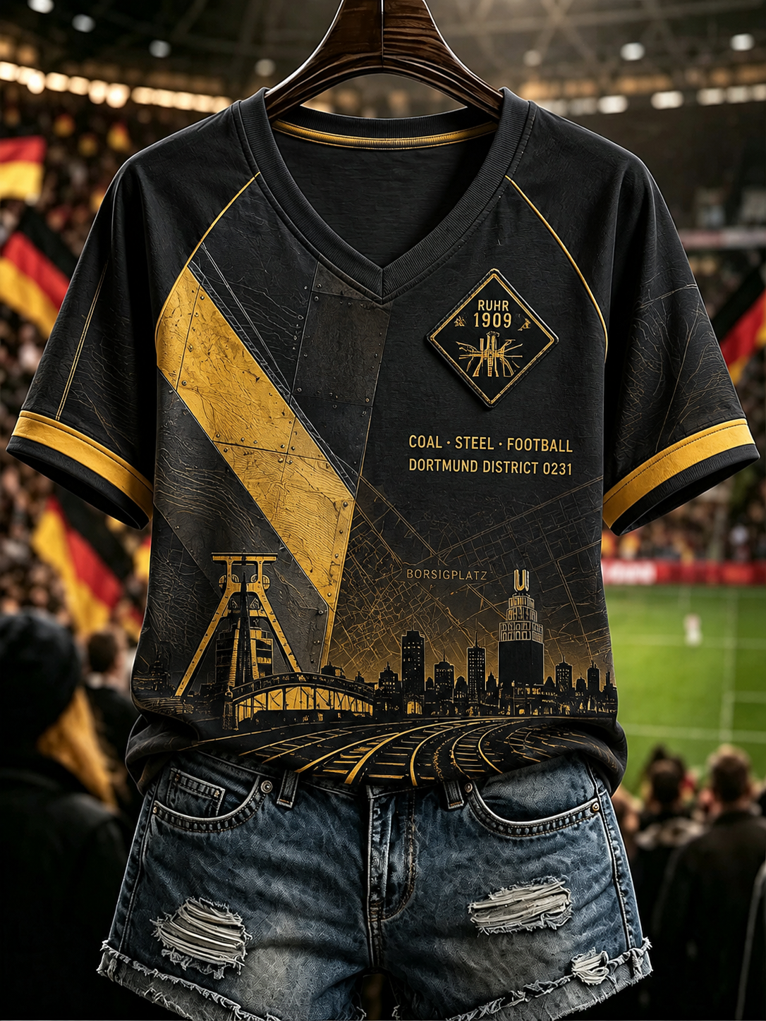 Damen-T-Shirt mit V-Ausschnitt und schulterfreiem Design sowie kurzen Ärmeln in Dortmund