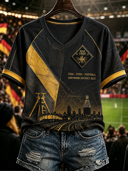 Damen-T-Shirt mit V-Ausschnitt und schulterfreiem Design sowie kurzen Ärmeln in Dortmund