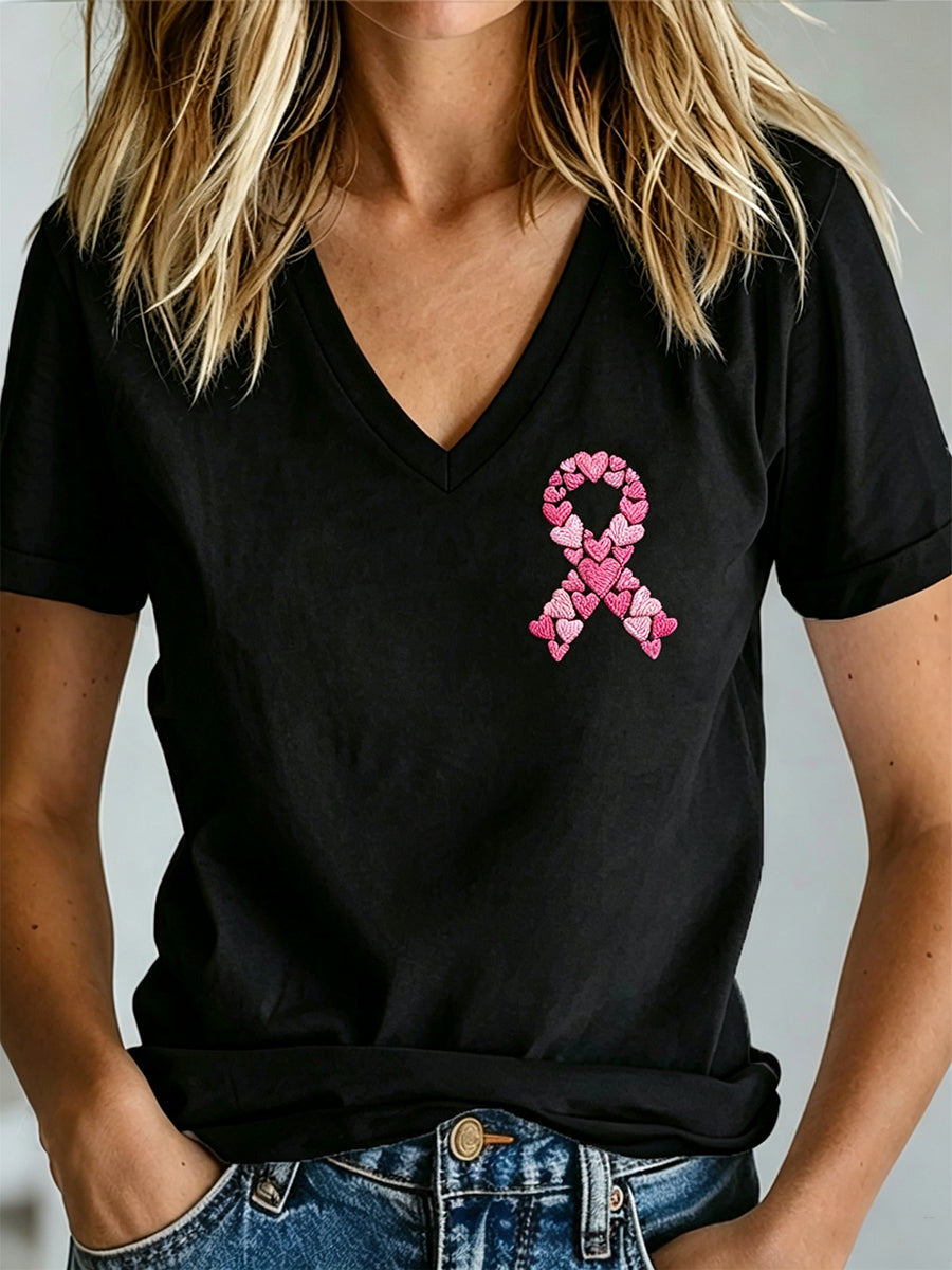Damen-T-Shirt mit V-Ausschnitt und Aufdruck zur Brustkrebsaufklärung