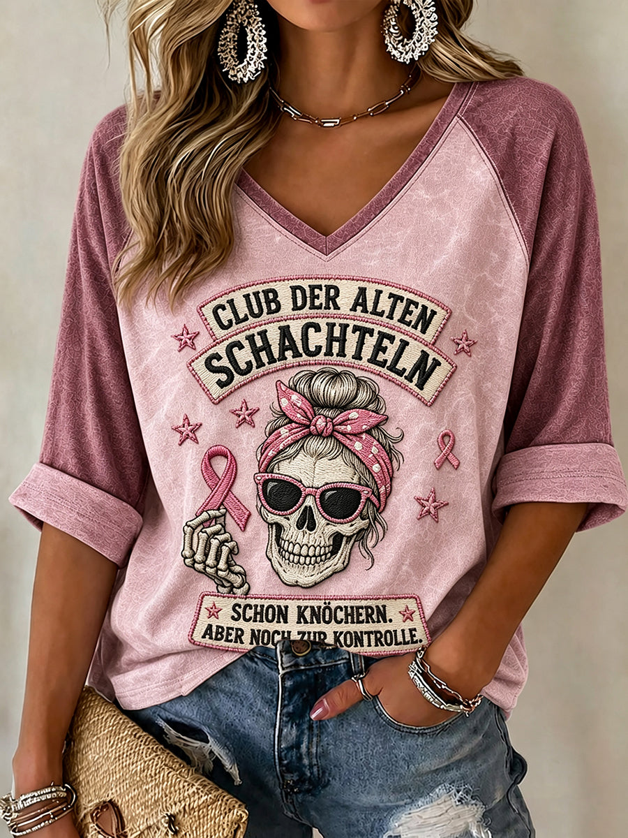 Frauen-T-Shirt mit witzigem Brustkrebsbewusstsein-Slogan und mittellangen Ärmeln