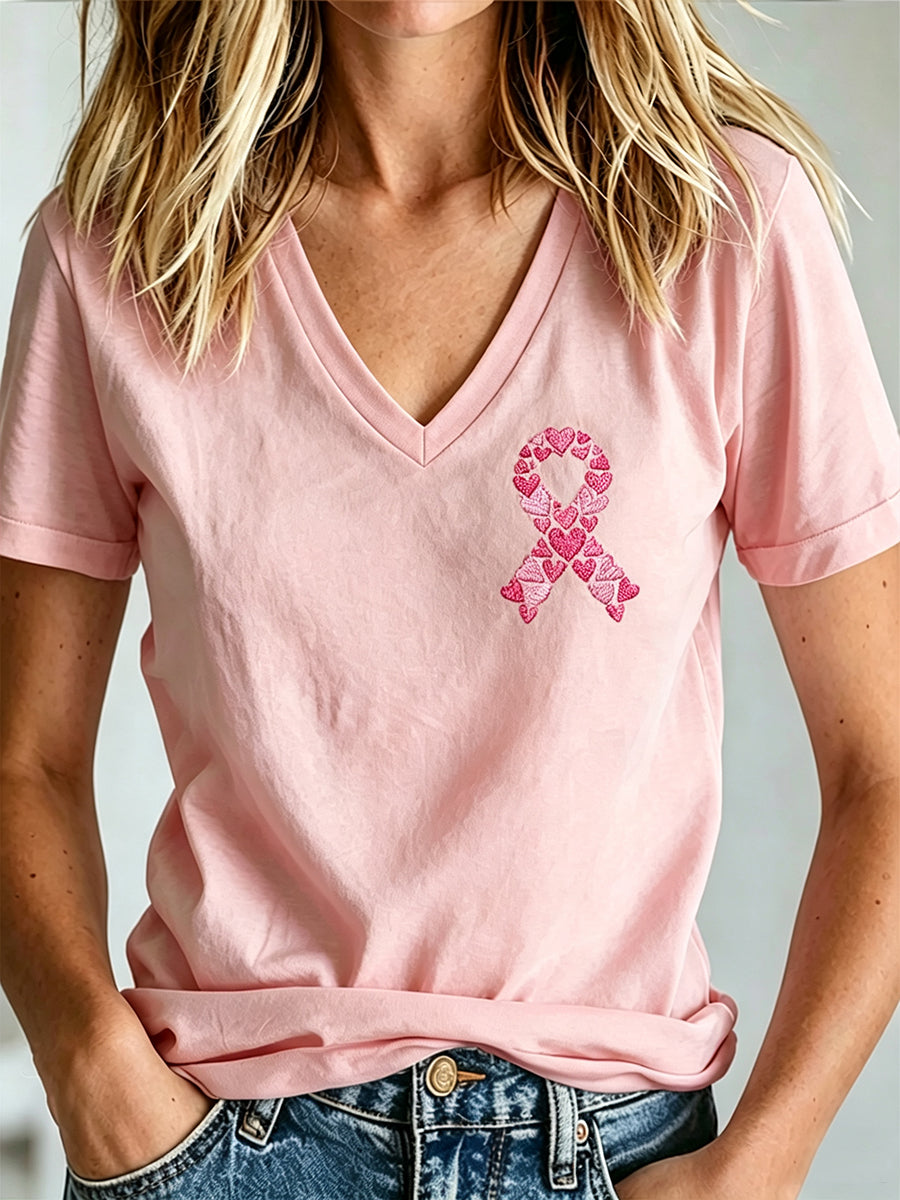 Damen-T-Shirt mit V-Ausschnitt und Aufdruck zur Brustkrebsaufklärung