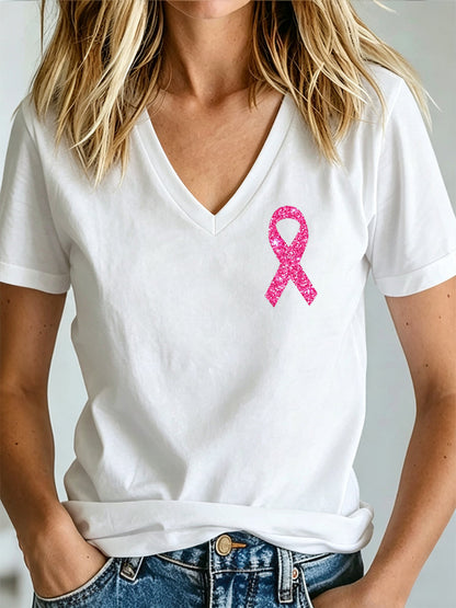 Damen-T-Shirt mit V-Ausschnitt und Aufdruck zur Brustkrebsaufklärung