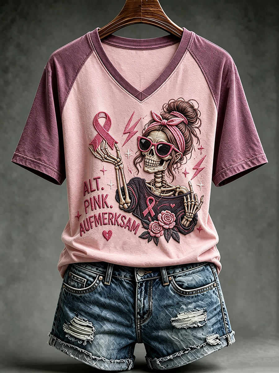 Frauen-T-Shirt mit witzigem Brustkrebsbewusstseins-Slogan und V-Ausschnitt