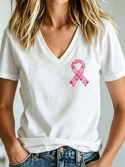 Damen-T-Shirt mit V-Ausschnitt und Aufdruck zur Brustkrebsaufklärung