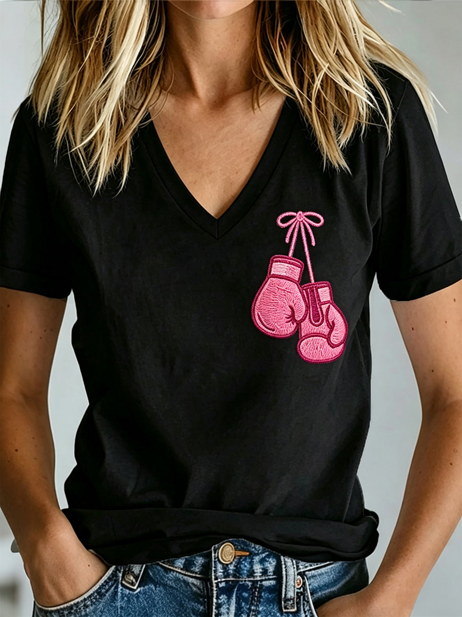 Damen-T-Shirt mit V-Ausschnitt und Aufdruck zur Brustkrebsaufklärung