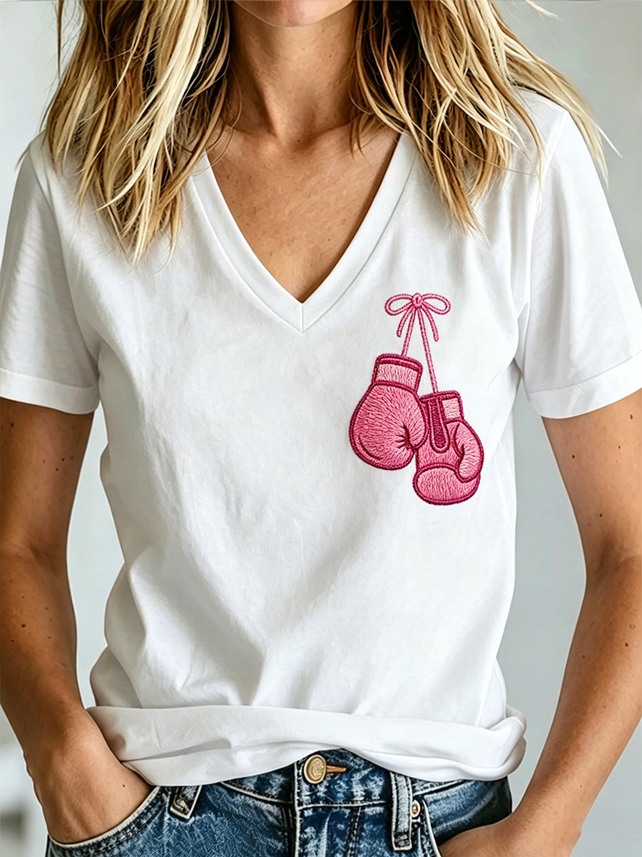 Damen-T-Shirt mit V-Ausschnitt und Aufdruck zur Brustkrebsaufklärung