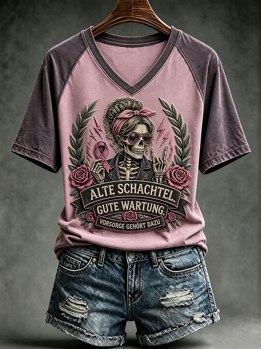 Frauen-T-Shirt mit witzigem Brustkrebsbewusstseins-Slogan und V-Ausschnitt