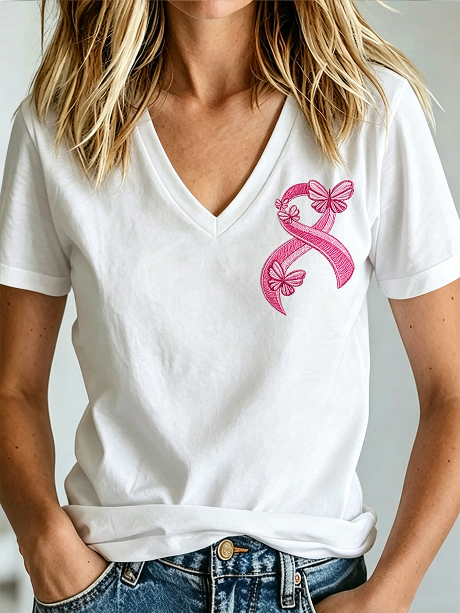 Damen-T-Shirt mit V-Ausschnitt und Aufdruck zur Brustkrebsaufklärung